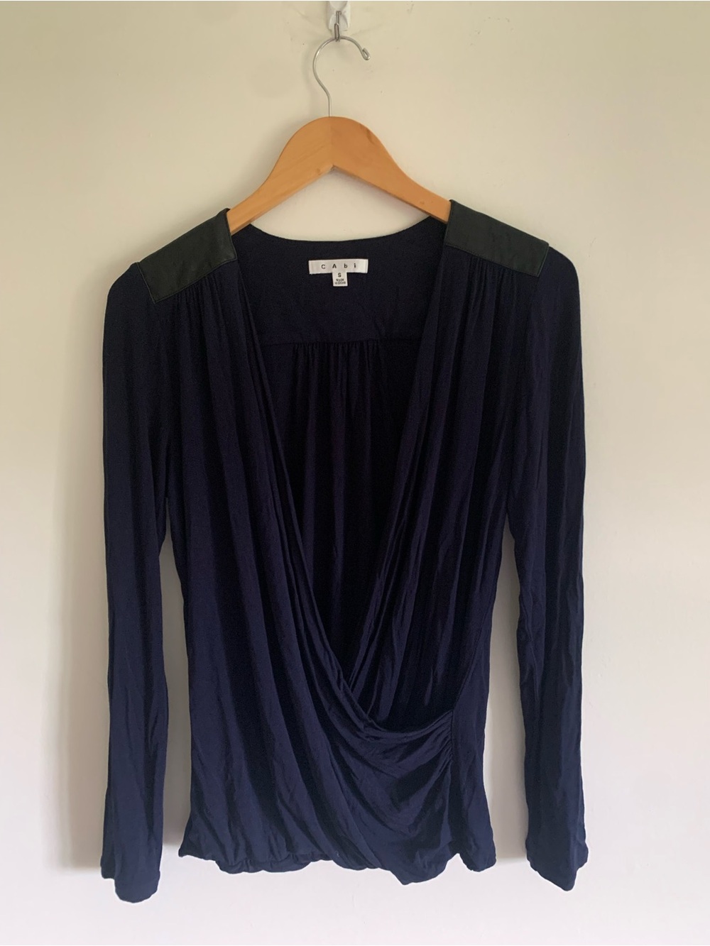 CAbi Midnight in Paris Draped Faux Wrap Top, Faux Leather Shoulder, Navy, Small